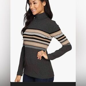 NWOT THREE DOTS Norma Striped Rib Turtleneck M Charcoal Gray/Camel/Black/White